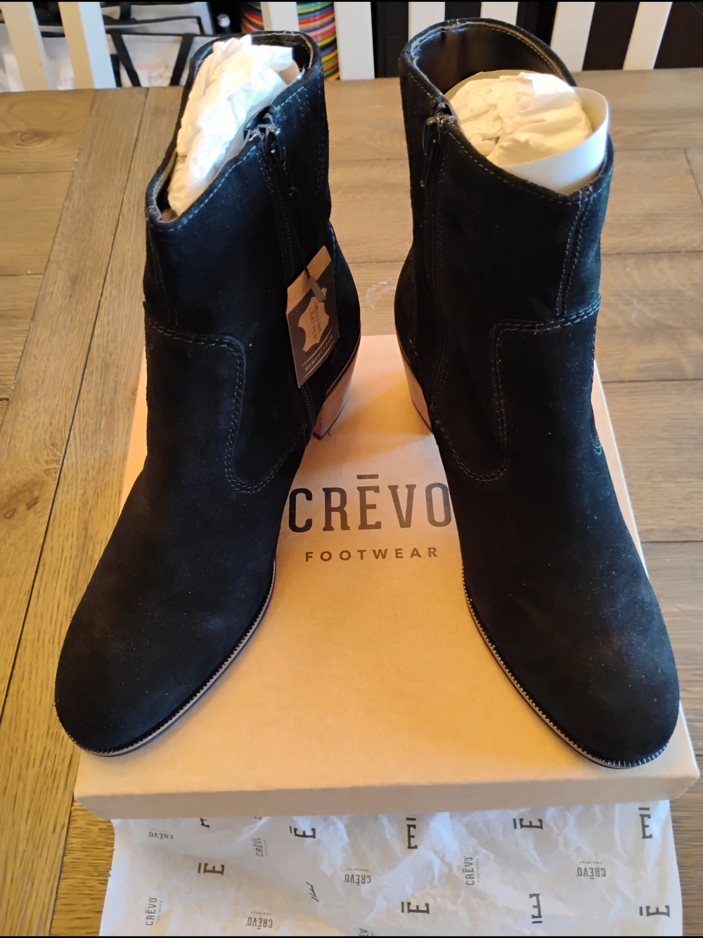 Crevo Black Suede Ankle Booties with Stacked Heel and Side Zipper
